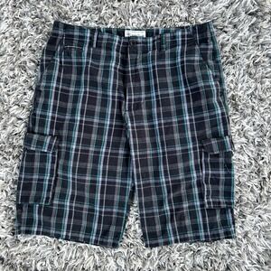 Eddie Domani Men's Cargo Shorts Black 38 Plaid Flat Front Pockets Ramie Blend